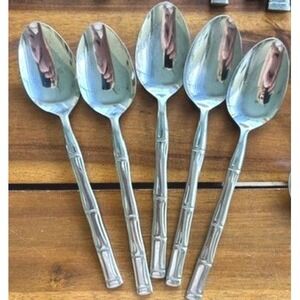 5 Bamboo Stainless‎ Soup Spoons Made in Japan Vintage Replacement Flatware